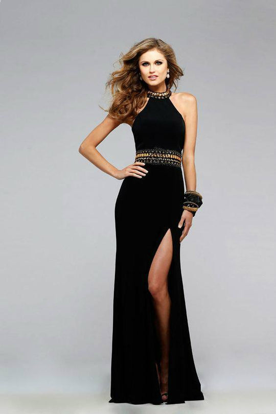 7704 Jersey  Halter Dress with Beaded Waist