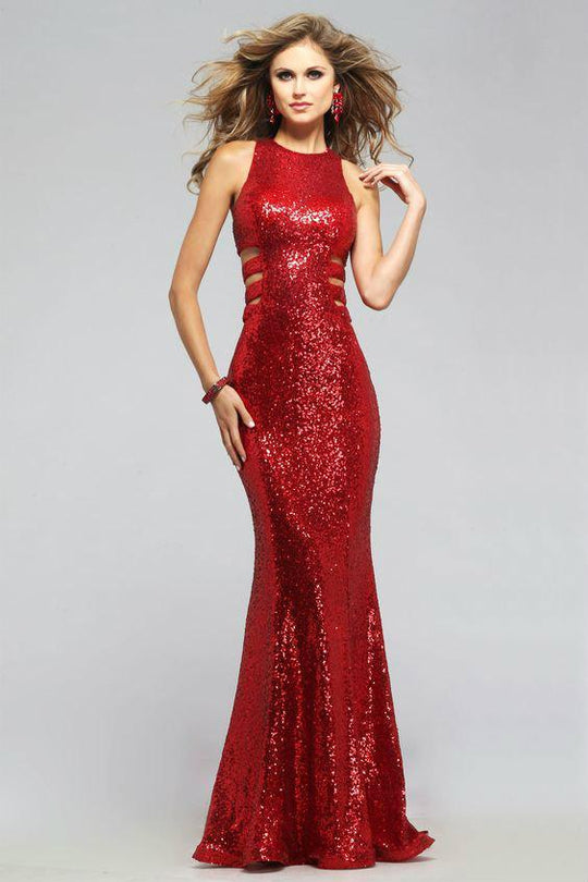 Sequin Embellished Evening Gown with Side Cut-outs 7705