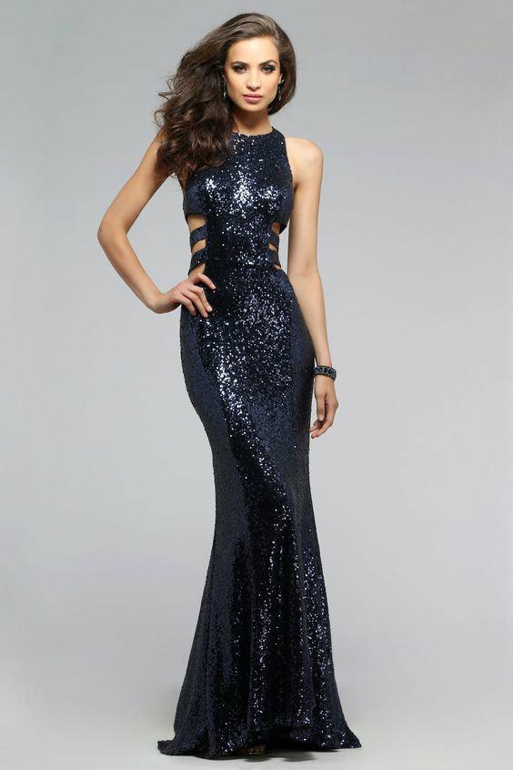 Sequin Embellished Evening Gown with Side Cut-outs 7705
