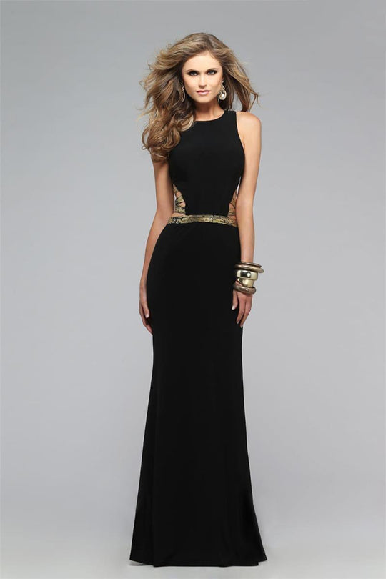 Faviana - Strappy Scoop Evening Dress with Side Cutouts 7734 In Black and Gold