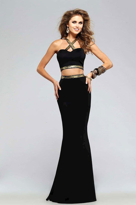 Luscious Two Piece Black Neoprene Dress with Gold Bands 7736-1