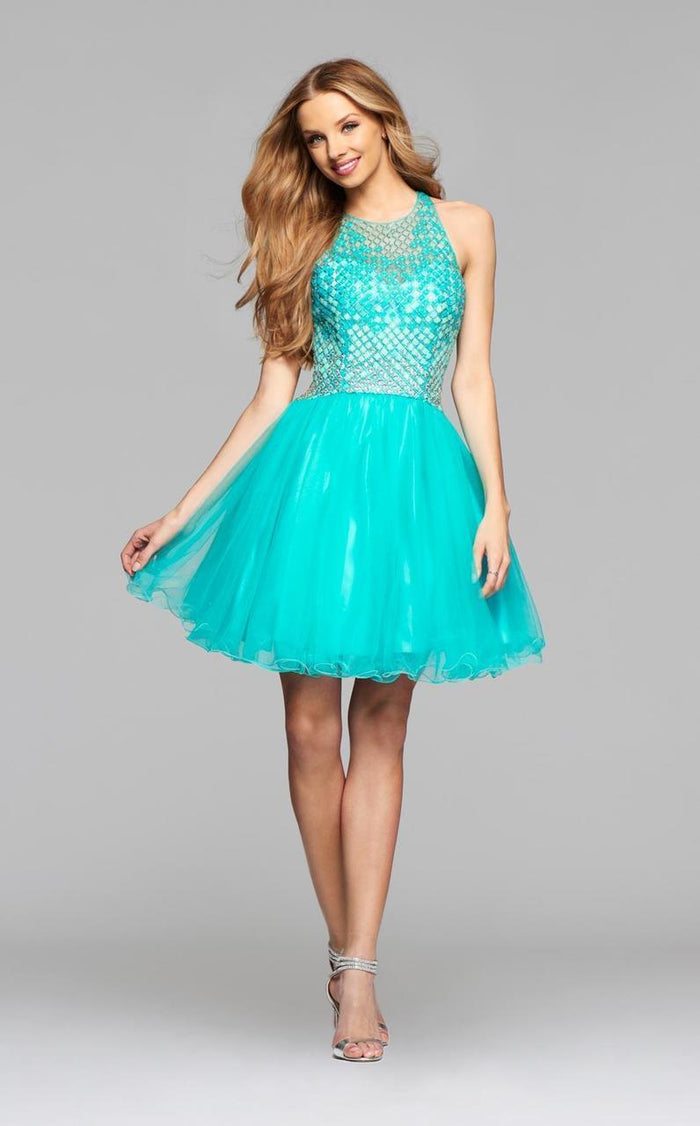 7872 Short Tulle Cocktail Dress with Beaded Bodice