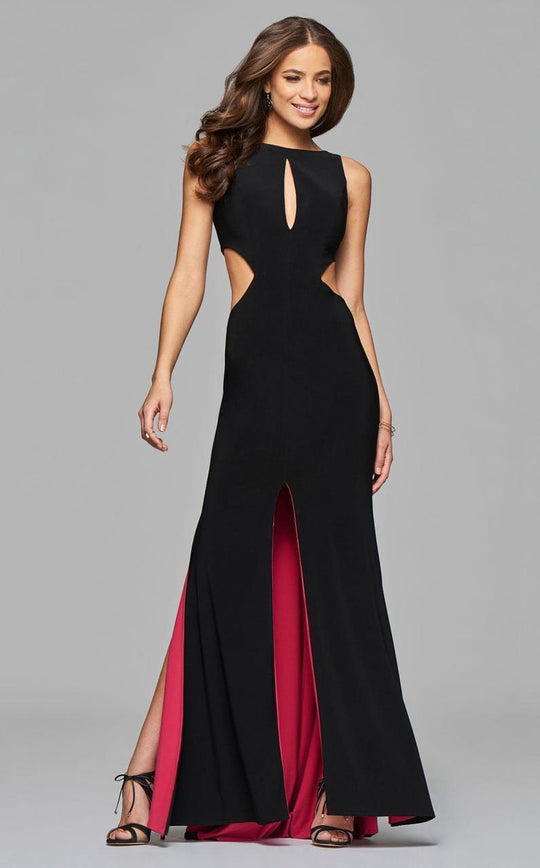 7897 Jersey high neck evening dress with keyhole, side cut-outs and contrast lining