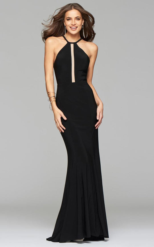 7899 Open back halter evening dress with illusion front and back with rhinestone detail.