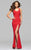 7901 Ponte Scoop Back Ruffle High Slit Gown