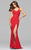 7901 Ponte Scoop Back Ruffle High Slit Gown