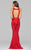 7901 Ponte Scoop Back Ruffle High Slit Gown
