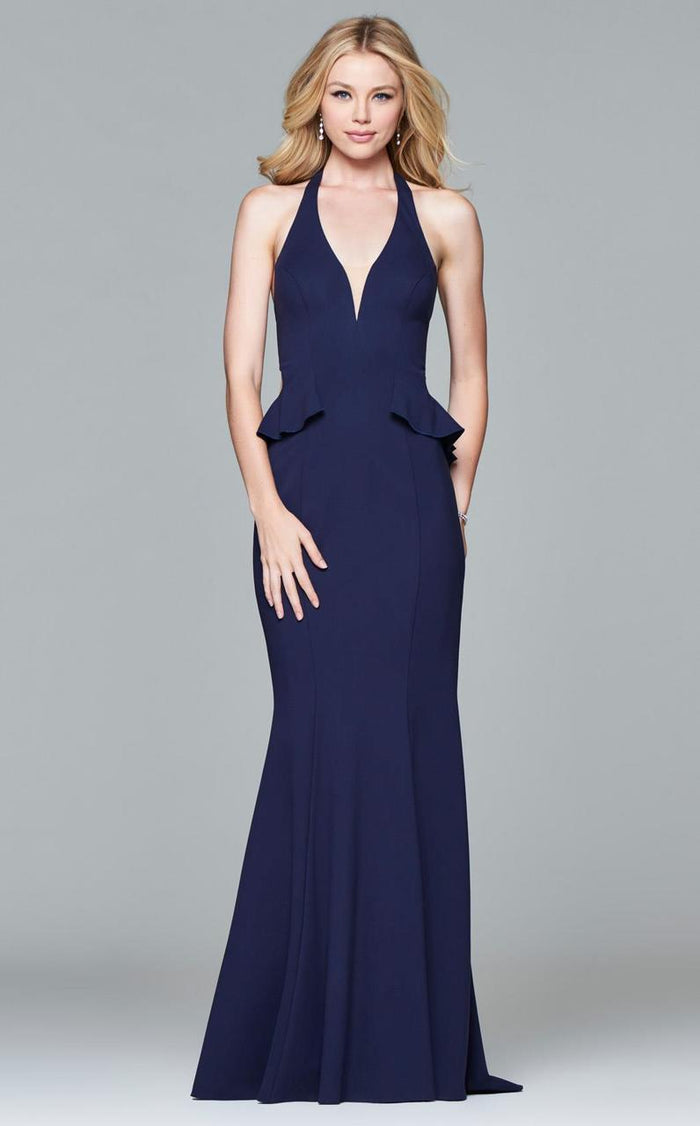 7903 Ponte illusion v-neck halter evening dress with peplum