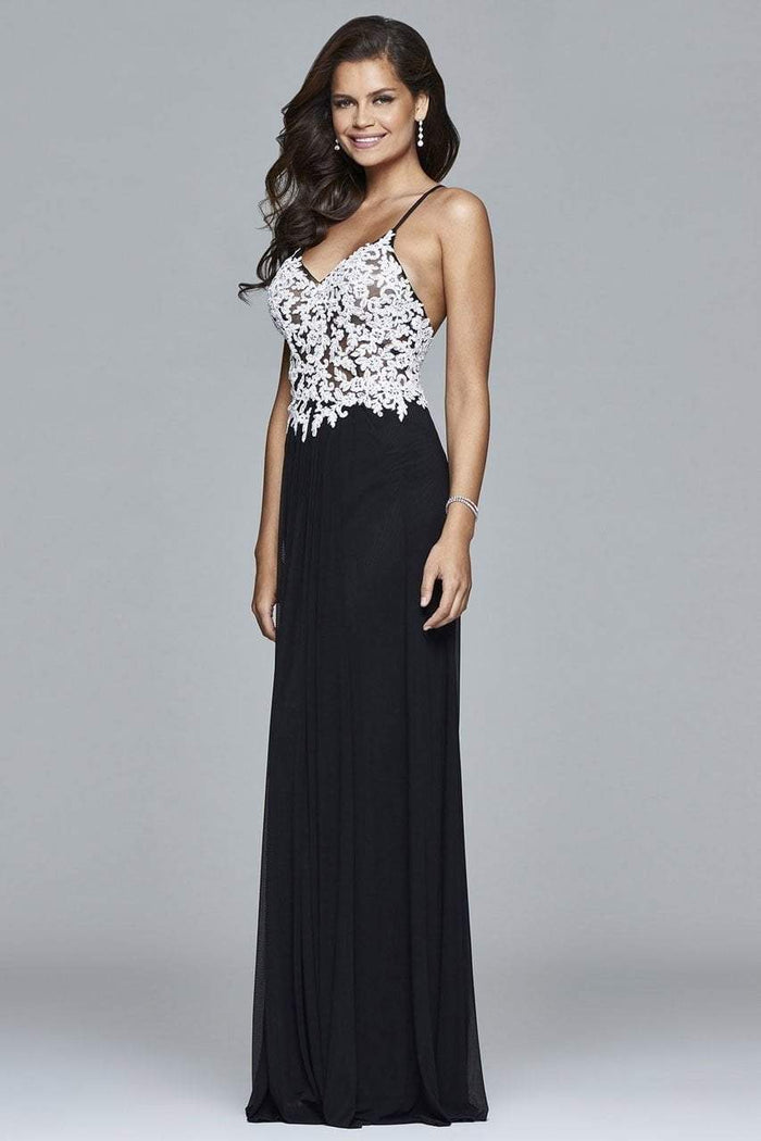 7934 Long tulle with lace applique bodice