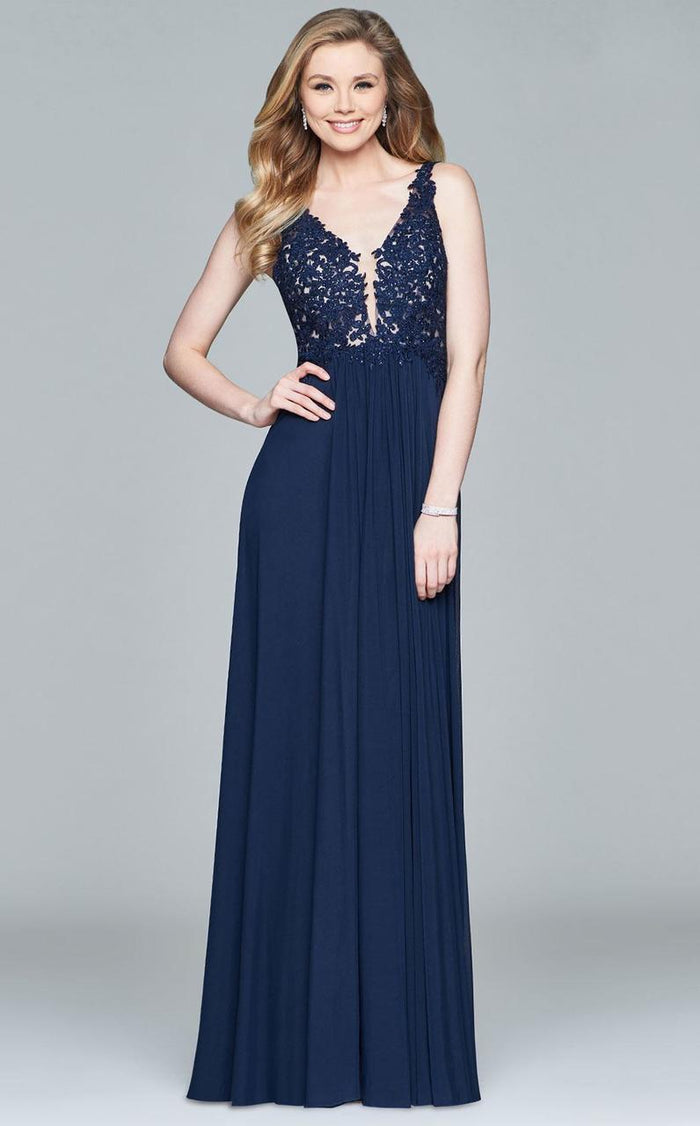 8000 Lace Appliqued Long Mesh V-Neck Dress