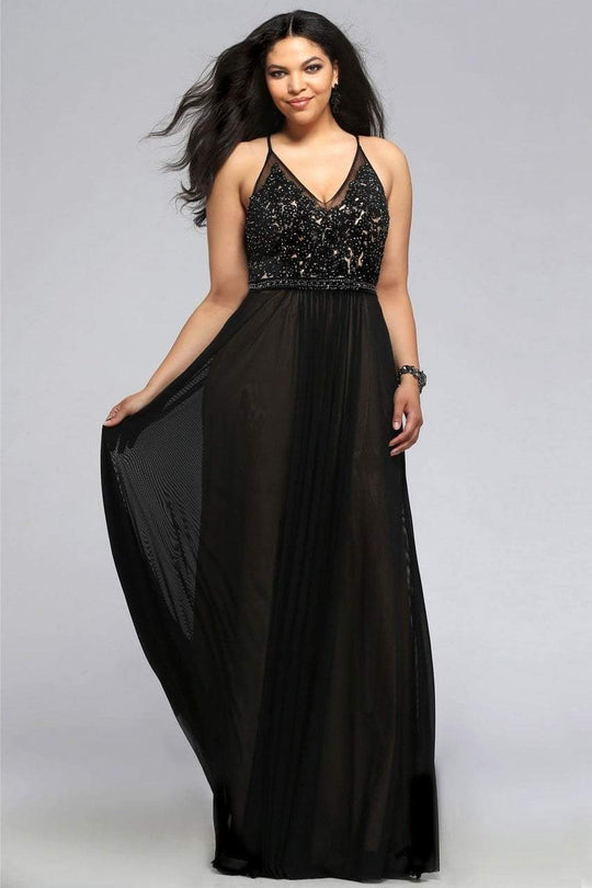 9373 Mesh v-neck plus size prom dress with lace and beading details
