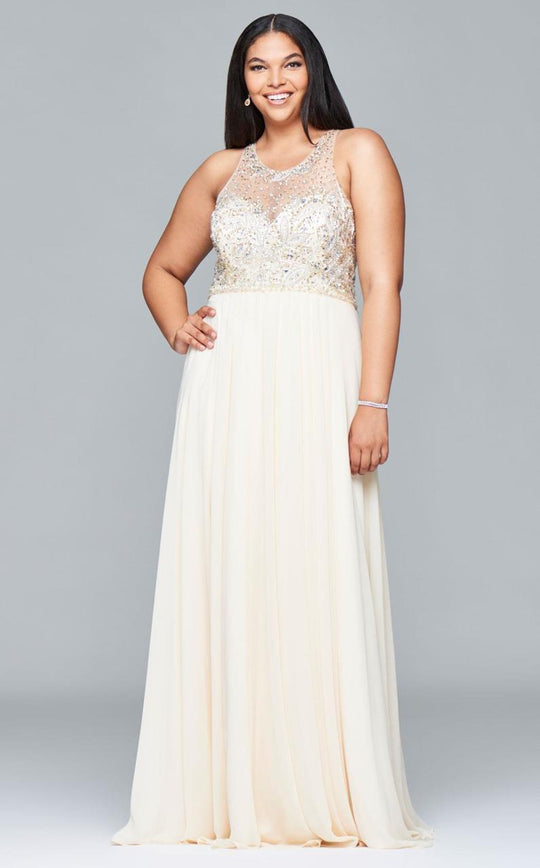 9374 Chiffon plus size prom dress with beaded bust and keyhole back