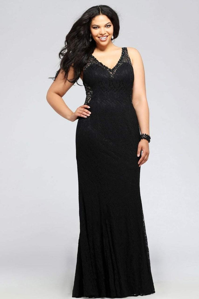 9386 Lace v-neck plus size evening dress with illusion sides