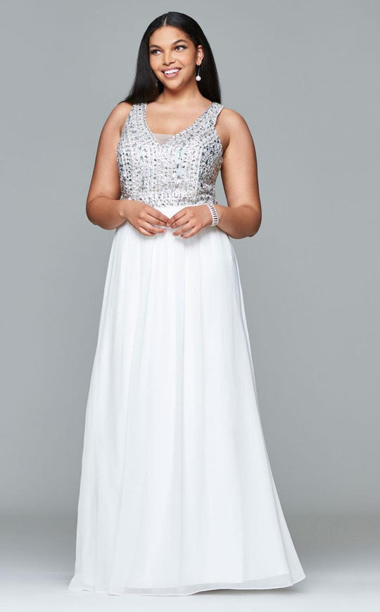 9388 Chiffon v-neck plus size prom dress with beaded bust