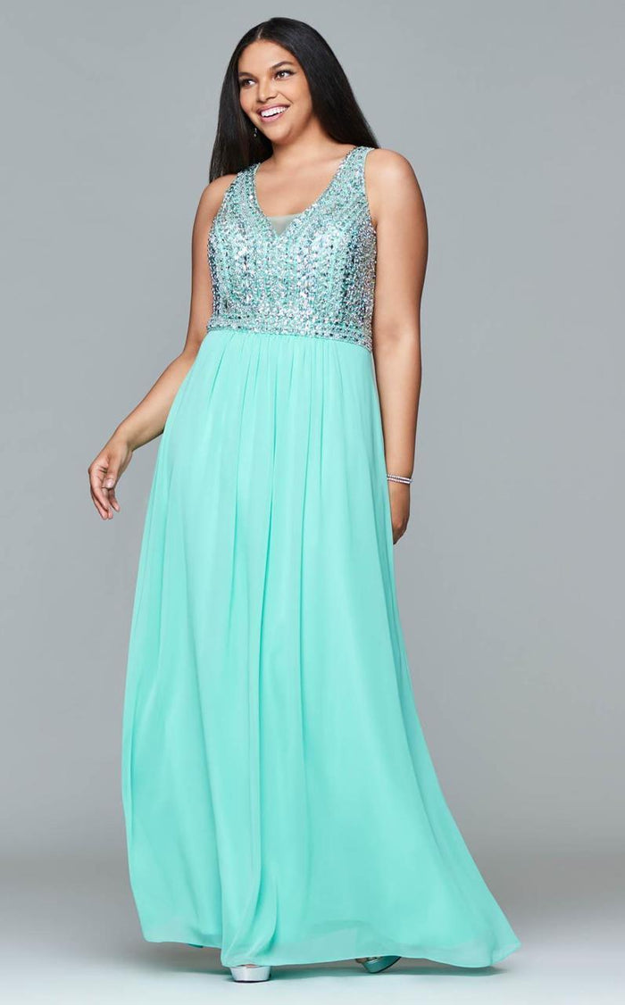 9388 Chiffon v-neck plus size prom dress with beaded bust