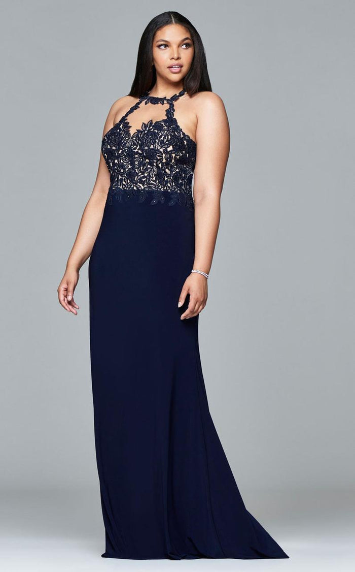 9394 Long fit-and-flare halter with lace top