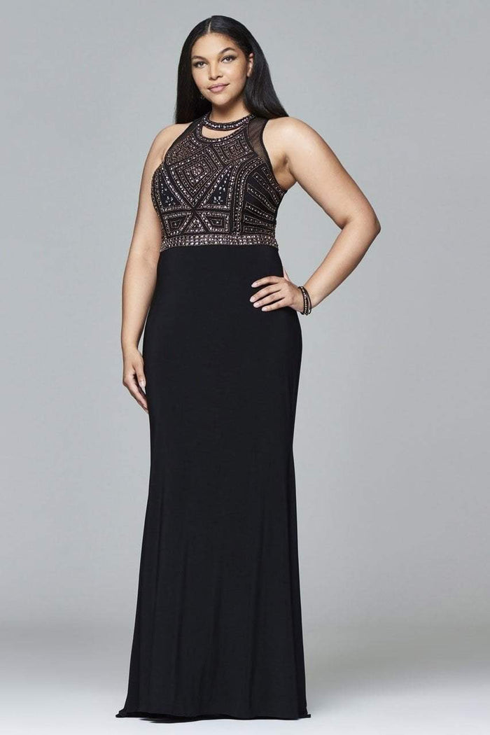 9395 Long fit and flare with fishnet illusions and lace-up back