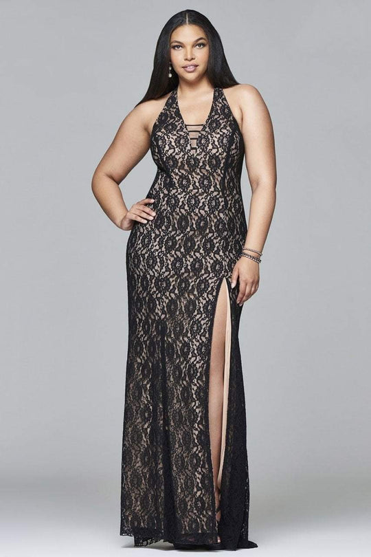 9398 Long fit and flare lace with straps at deep v