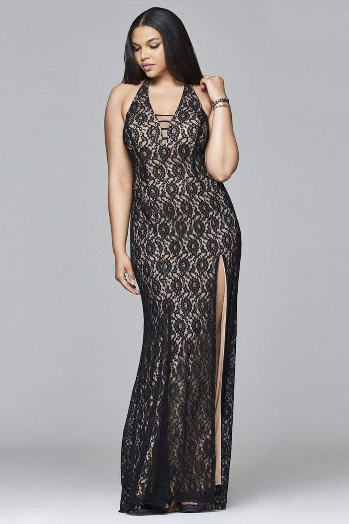 9398 Long fit and flare lace with straps at deep v