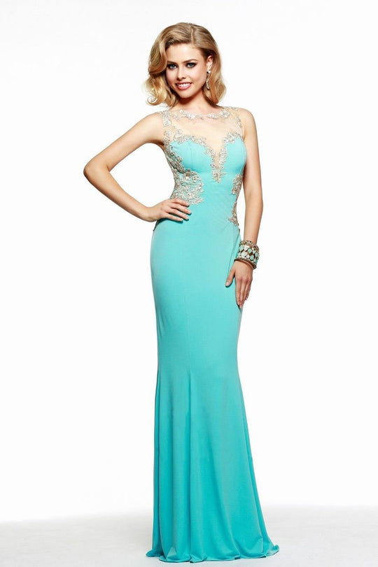Lovely Jersey Dress with Sheers and Lace Applique S7534