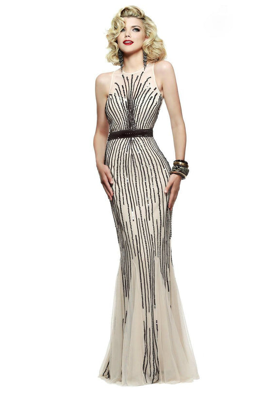 s7596 Nude stretch tulle evening dress with liquid style beading detail