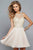 s7668 Short chiffon prom dress with embroidered lace bodice
