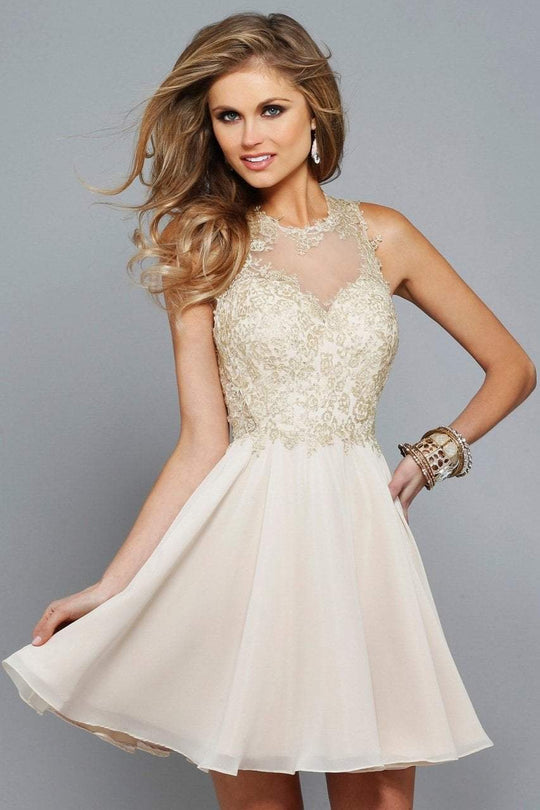 s7668 Short chiffon prom dress with embroidered lace bodice