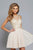s7668 Short chiffon prom dress with embroidered lace bodice