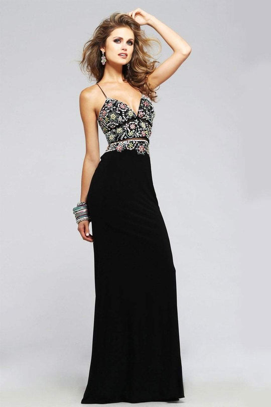 s7718 Jersey v-neck evening dress with colorful beaded bodice