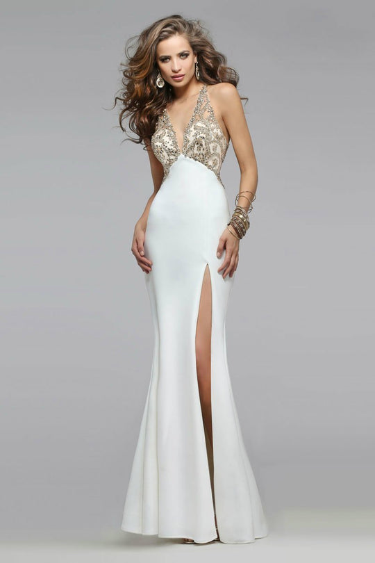 Embellished V-Neck Neoprene Long Evening Gown S7730