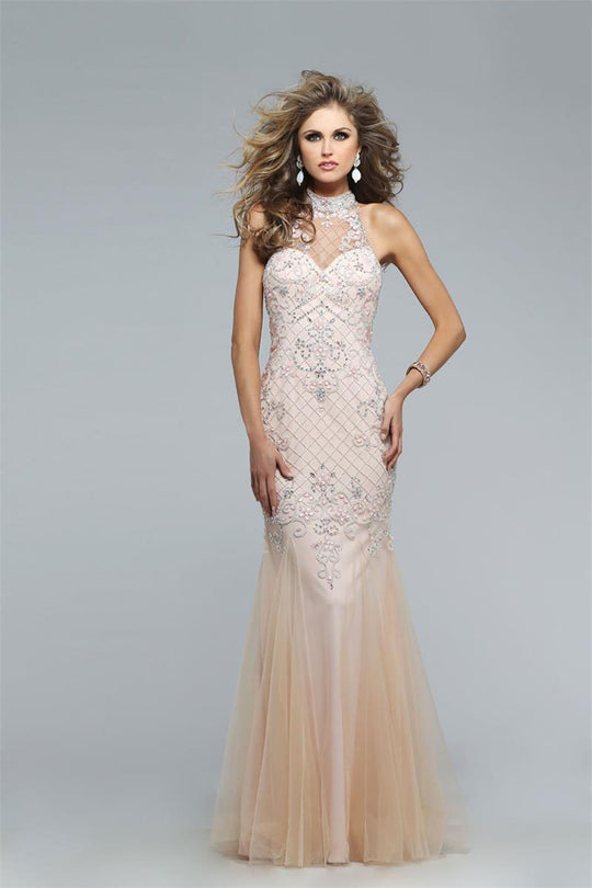 s7732 Beaded High Halter Neck Trumpet Gown
