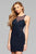 s7885 Short neoprene cocktail dress with beaded lace applique and illusion bodice