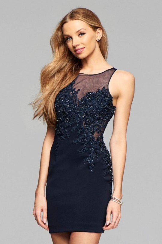 s7885 Short neoprene cocktail dress with beaded lace applique and illusion bodice