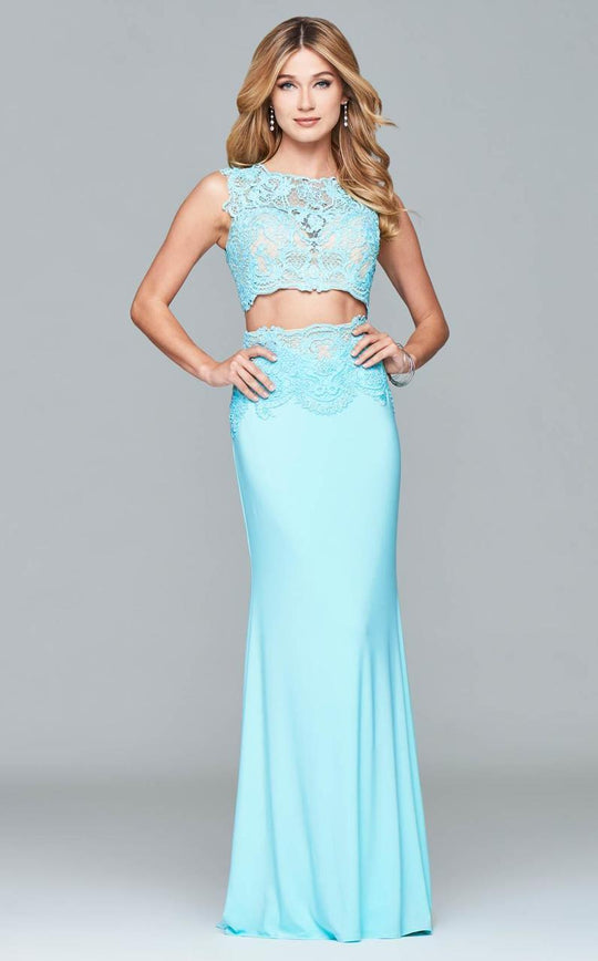 s7942 Long two-piece with applique at bodice and skirt waist