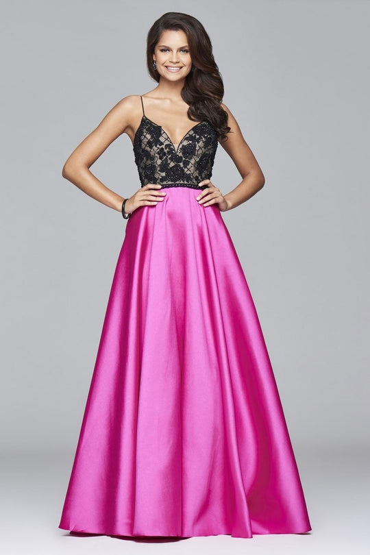 s7947 Long ball gown with appliqued bodice and mikado skirt