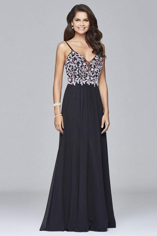 s7949 Long fit and flare dress with beaded bodice