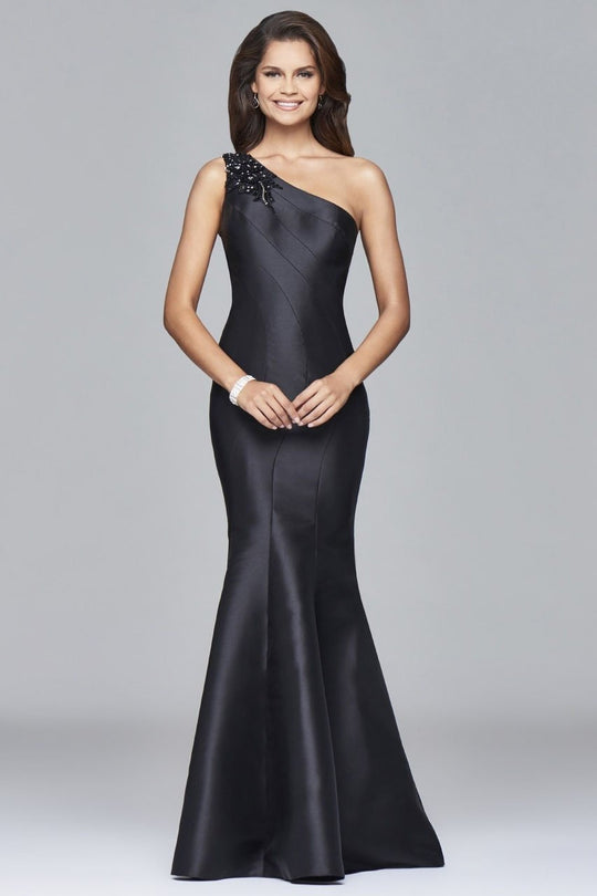 s7973 Long mikado one shoulder dress with bead detailing