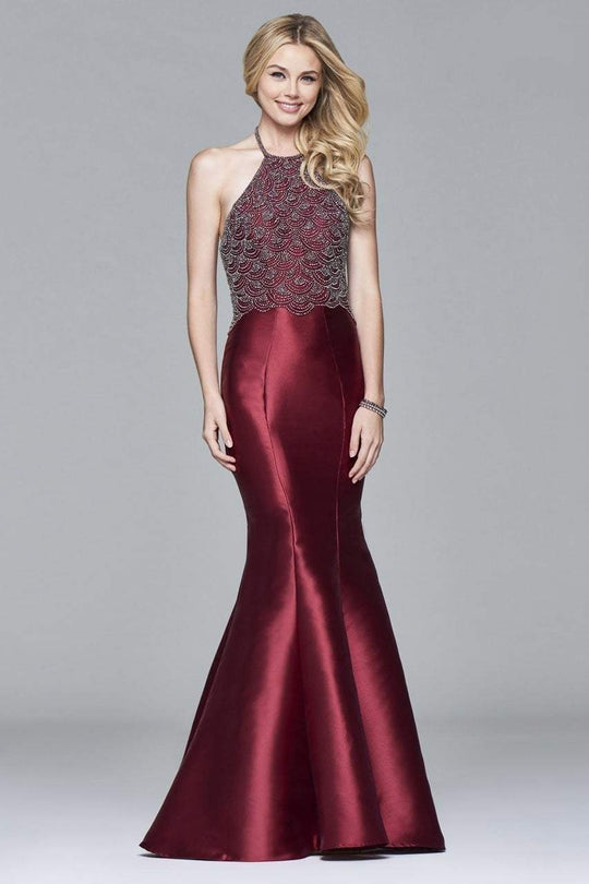 s7974 Long fit and flare dress with beaded bodice