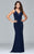 s7999 Long jersey v-neck dress with side applique