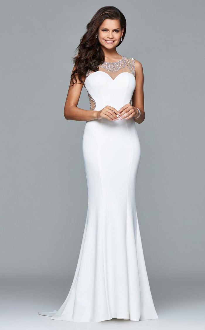 s8014 Long neoprene fit and flare dress with illusion scoop neck