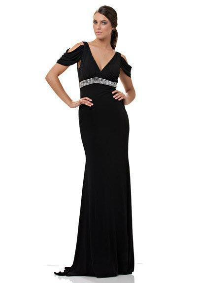 JS Collection - 862496 Draped Off Shoulder Embellished Jersey Dress in Black