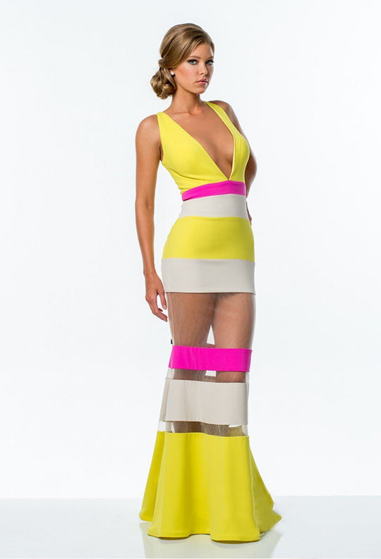 Terani Couture - 151P0070A Color Blocked Panel Gown in Yellow and Multi-Color