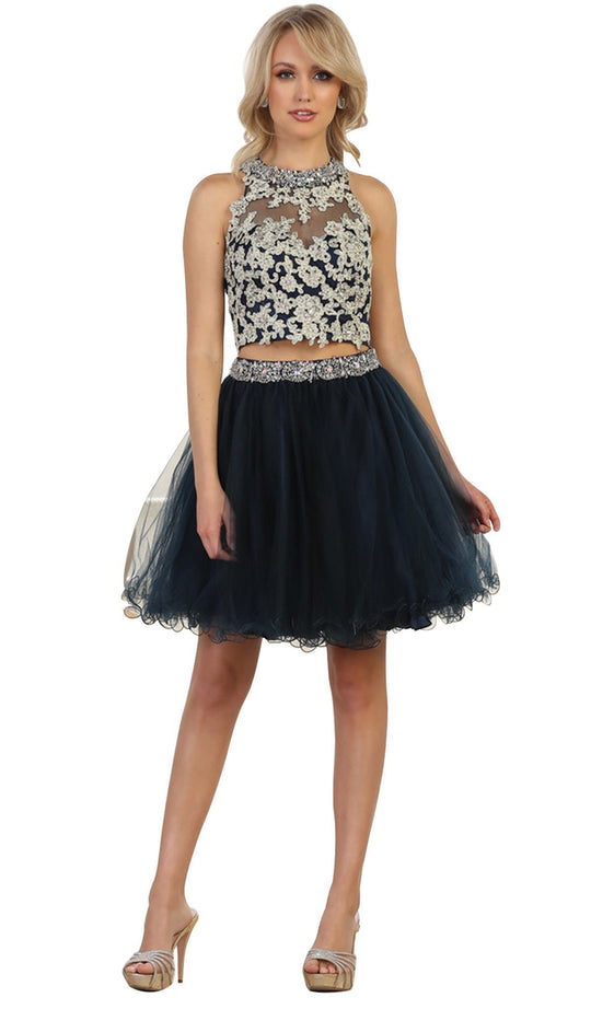 Halter Embellished Bodice Two-Piece Cocktail Dress