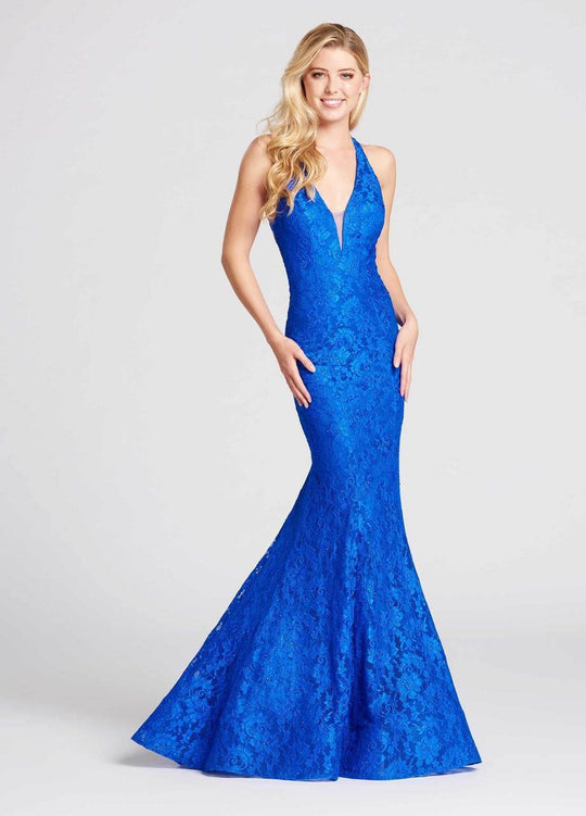Ellie Wilde - EW118007 Illusion Bejeweled Racerback Mermaid Gown In Blue