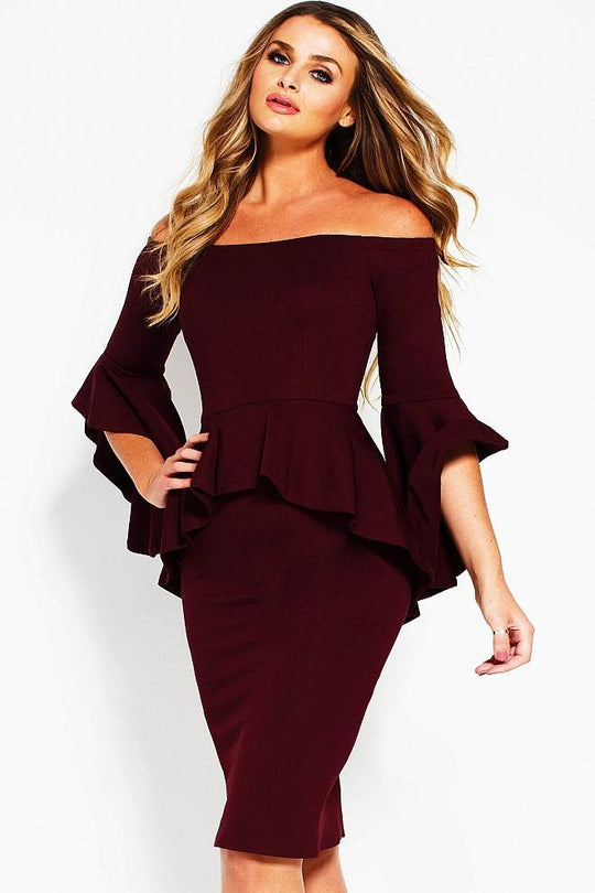 57290 Bell Sleeve Off-Shoulder Peplum Sheath Dress