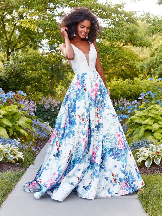 Clarisse - 3538 Deep V-Neck Floral Mikado Evening Gown in White and Print