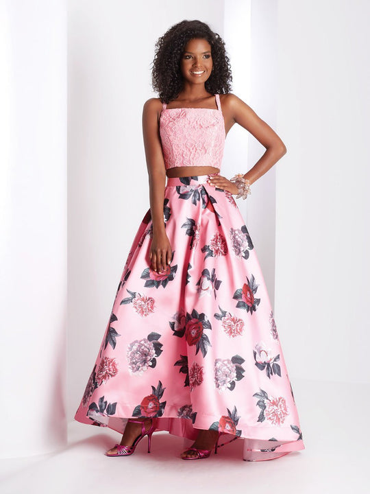 Clarisse - 3420 Two-Piece Square Neck Lace and Floral Evening Gown in Pink and print