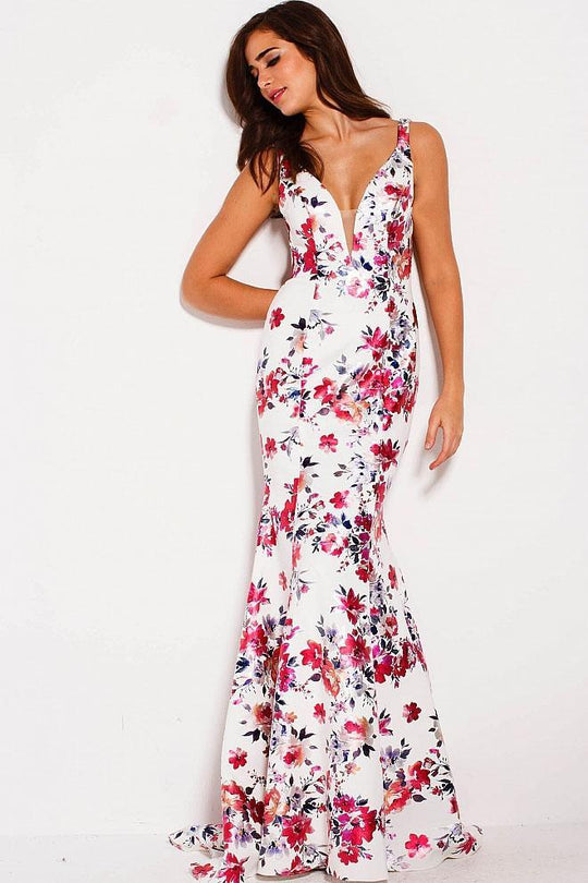 60571 Deep V-Neck Floral Print Mermaid Gown