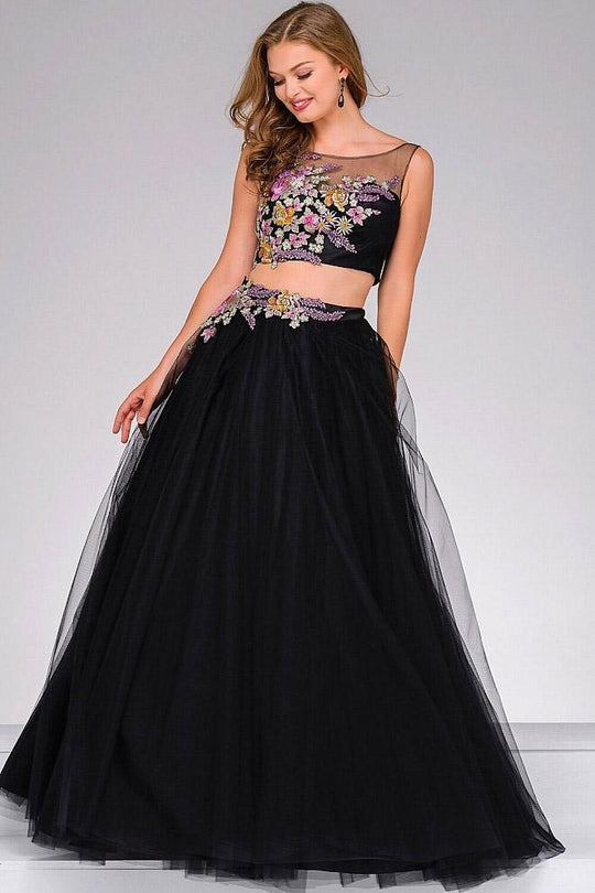 Two Piece Long Dress with Floral Appliques 49321