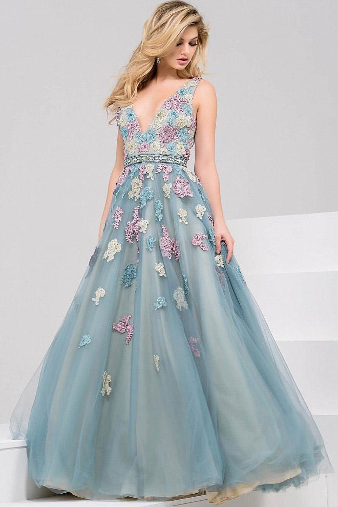 V-Neck Floral Embroided Long Dress 48433